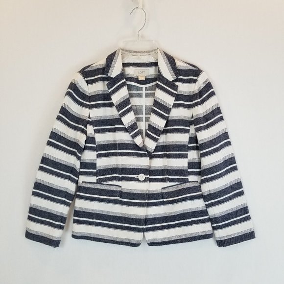 Loft Blue & Ivory Striped Linen Blend Blazer Sz 0 - Picture 1 of 5